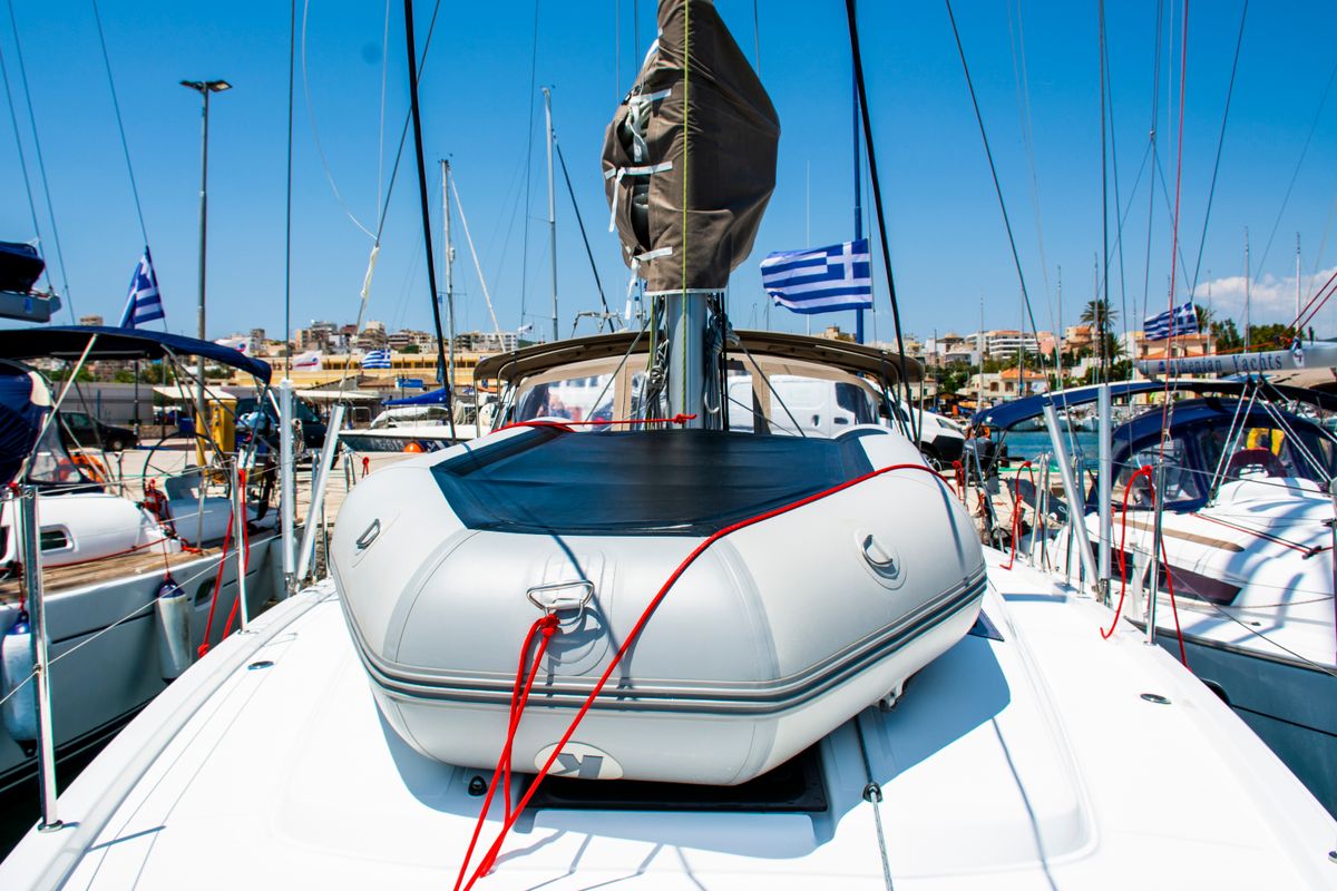 Deck of Evelina, a Jeanneau Sun Odyssey 410 sailboat at Lavreotiki Municipal Unit, Greece