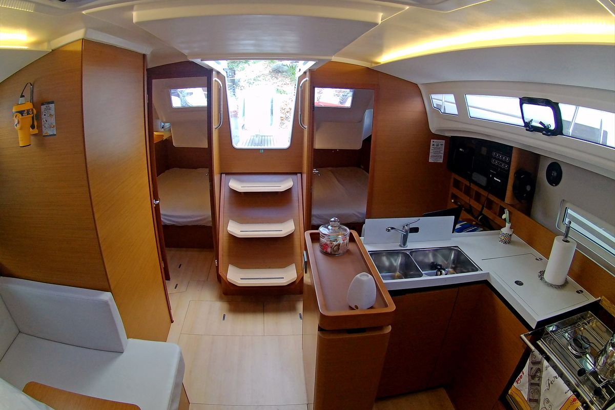 Galley of Evelina, a Jeanneau Sun Odyssey 410 sailboat at Lavreotiki Municipal Unit, Greece