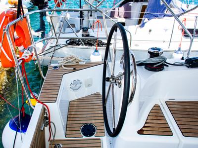 Cockpit of Evelina, a Jeanneau Sun Odyssey 410 sailboat at Lavreotiki Municipal Unit, Greece