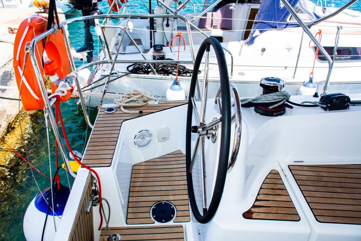 Cockpit of Evelina, a Jeanneau Sun Odyssey 410 sailboat at Lavreotiki Municipal Unit, Greece