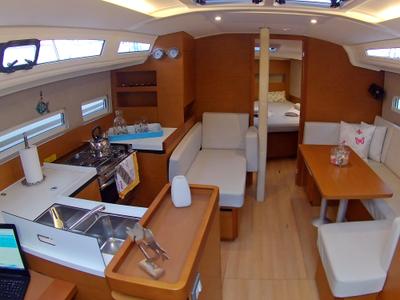 Salon of Evelina, a Jeanneau Sun Odyssey 410 sailboat at Lavreotiki Municipal Unit, Greece