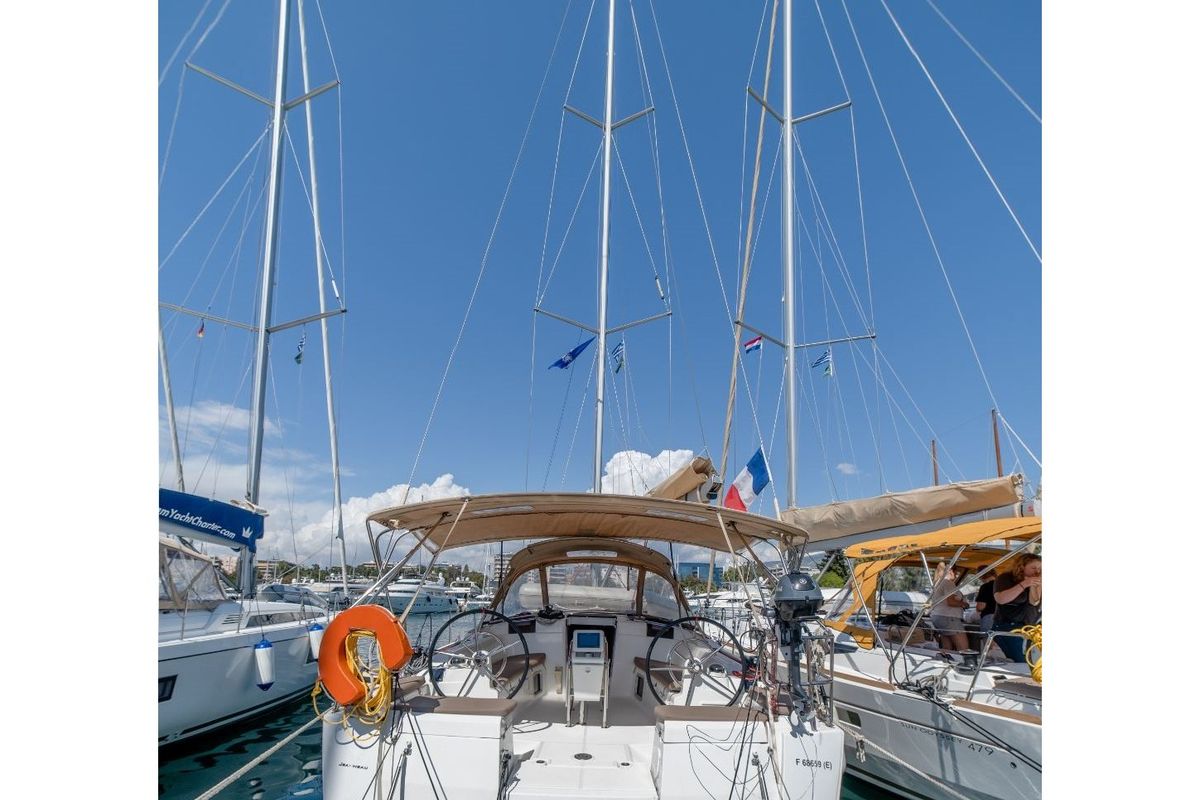 Cockpit of Sicily, a Jeanneau Sun Odyssey 449 sailboat at Athens, Greece