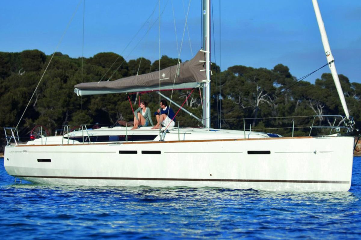 Exterior view of Matar, a Jeanneau Sun Odyssey 449 sailboat at Cagliari, Italy