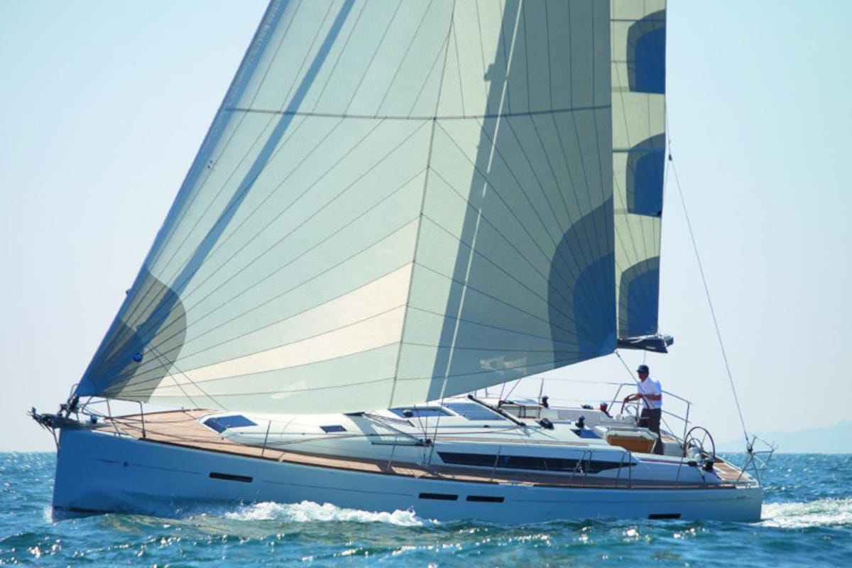 Exterior view of Matar, a Jeanneau Sun Odyssey 449 sailboat at Cagliari, Italy