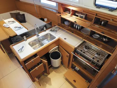 Galley of Glazdo, a Jeanneau Sun Odyssey 379 sailboat at Port Navalo, France
