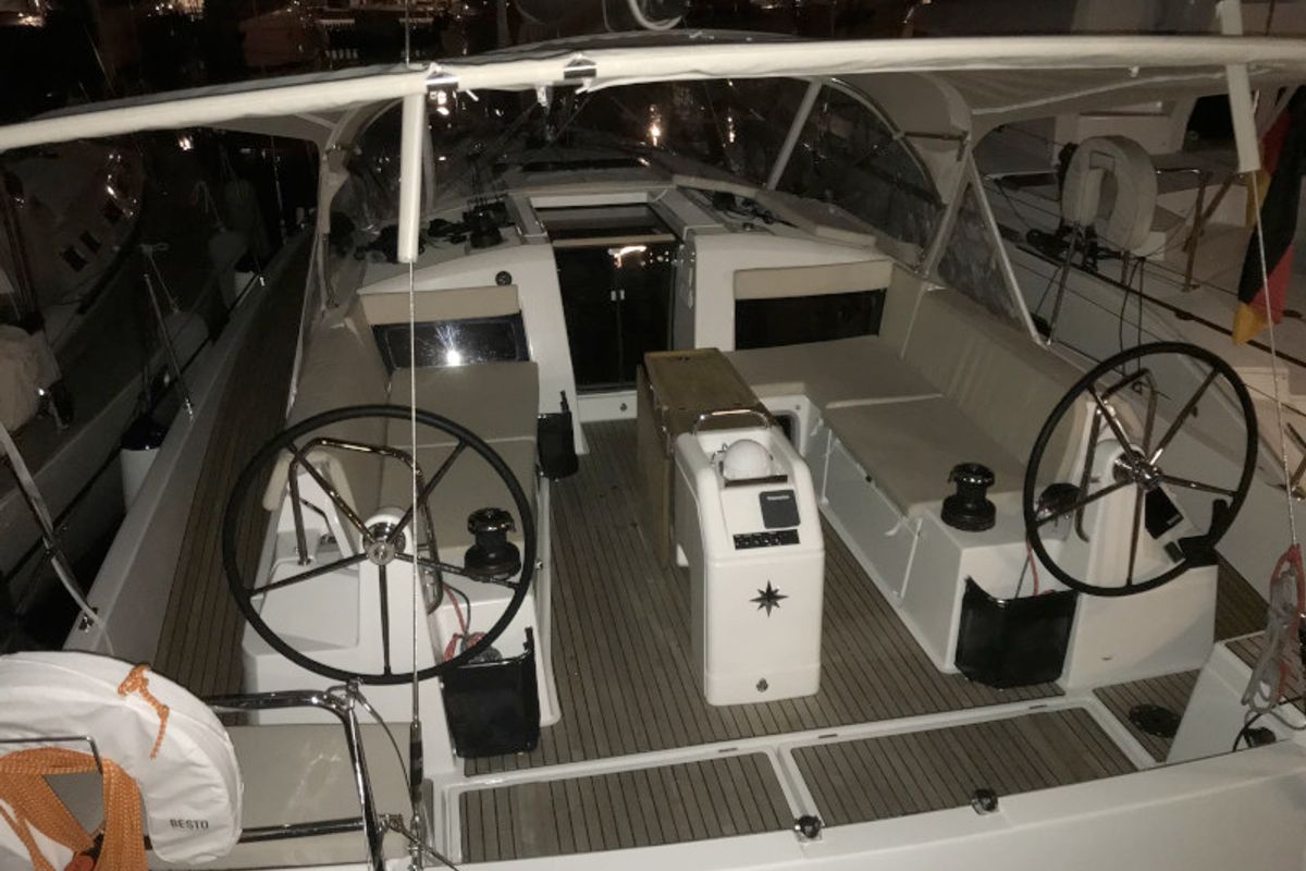 Cockpit of Rebelezza, a Jeanneau Sun Odyssey 440 sailboat at Palma de Mallorca, Spain