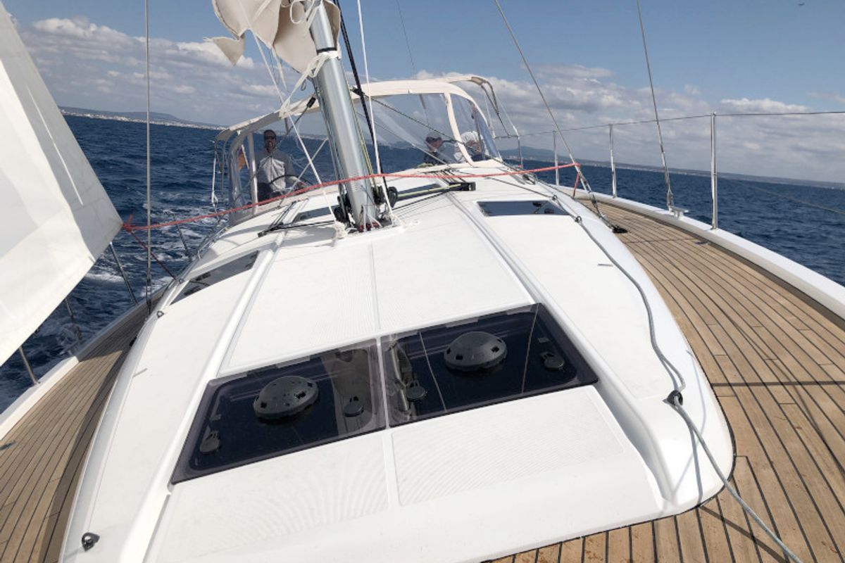 Deck of Rebelezza, a Jeanneau Sun Odyssey 440 sailboat at Palma de Mallorca, Spain