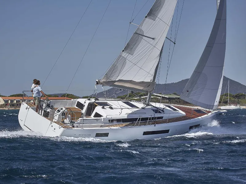 Exterior view of Rebelezza, a Jeanneau Sun Odyssey 440 sailboat at Palma de Mallorca, Spain