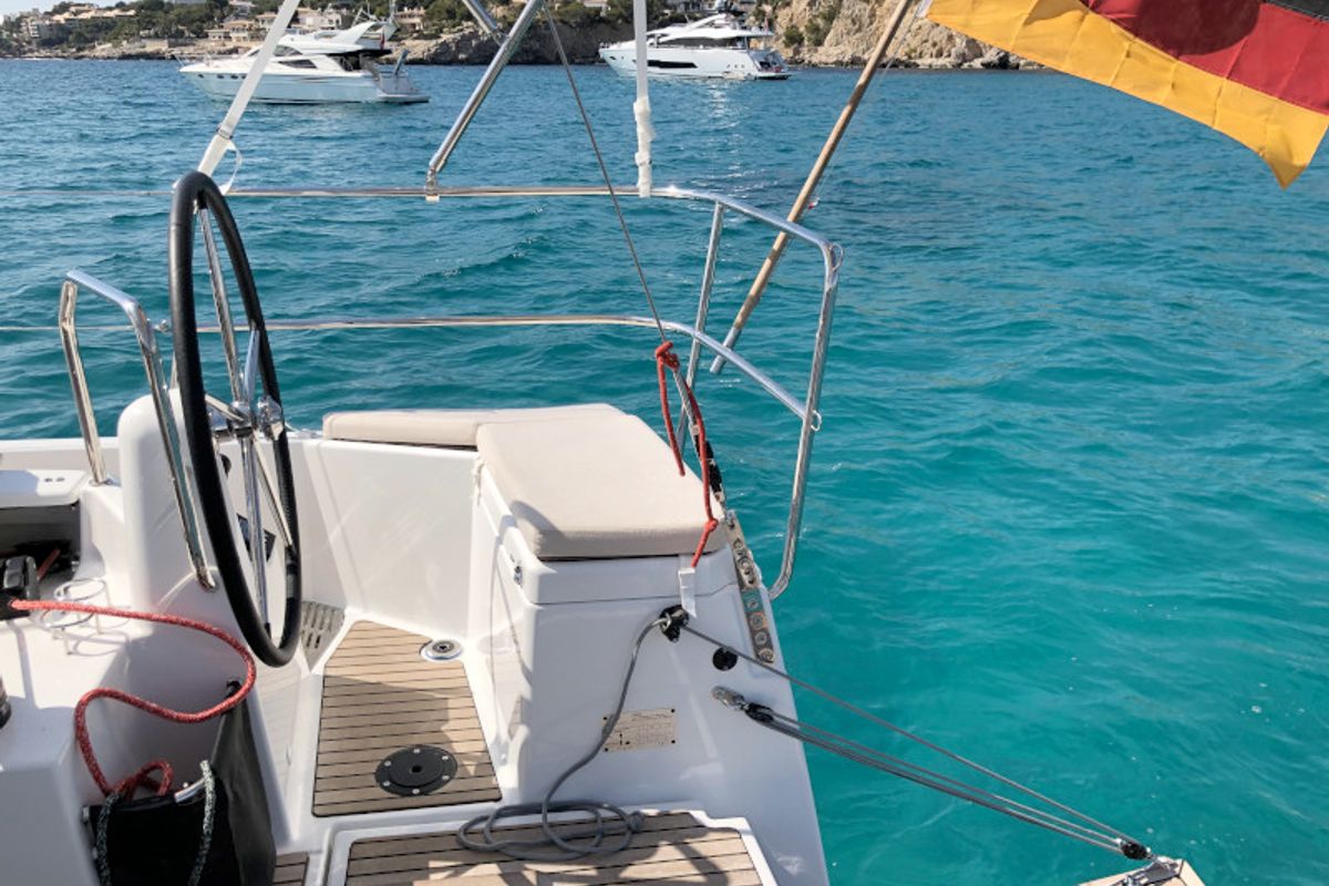 Cockpit of Rebelezza, a Jeanneau Sun Odyssey 440 sailboat at Palma de Mallorca, Spain