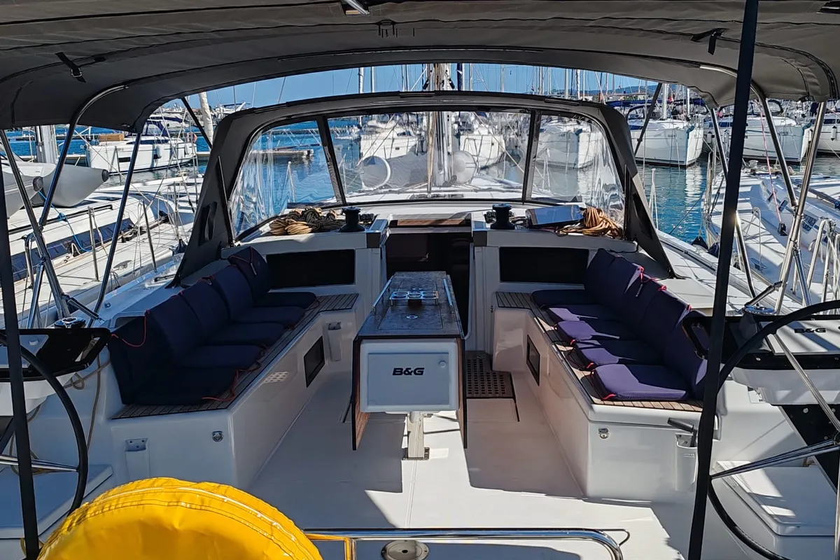 Cockpit of Dreamweaver, a Dufour 530 sailboat at Općina Sukošan, Croatia