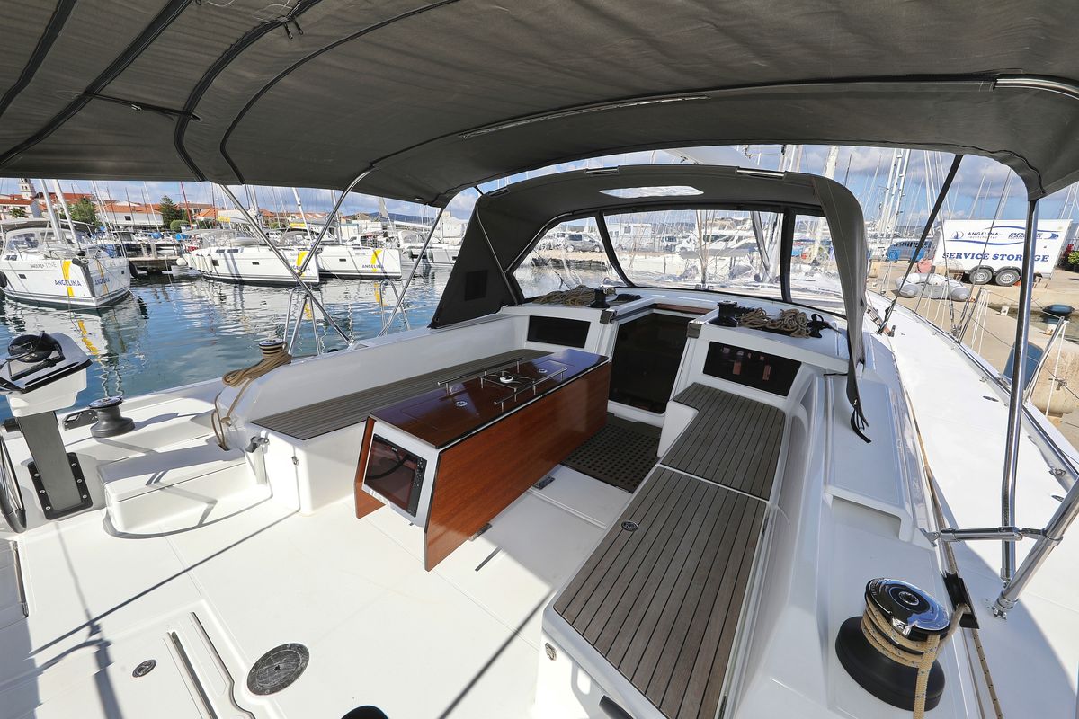 Cockpit of Dreamweaver, a Dufour 530 sailboat at Općina Sukošan, Croatia
