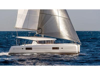Exterior view of Olympios Zeus, a Lagoon 42 catamaran at Agios Stefanos, Greece