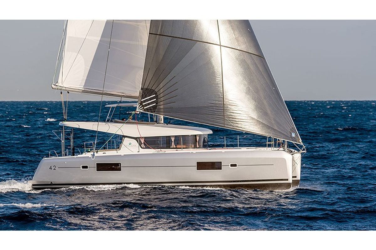 Exterior view of Olympios Zeus, a Lagoon 42 catamaran at Agios Stefanos, Greece