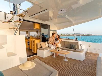 Deck of Olympios Zeus, a Lagoon 42 catamaran at Agios Stefanos, Greece