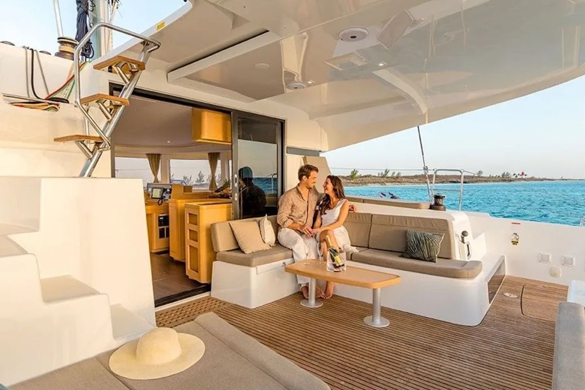 Deck of Olympios Zeus, a Lagoon 42 catamaran at Agios Stefanos, Greece