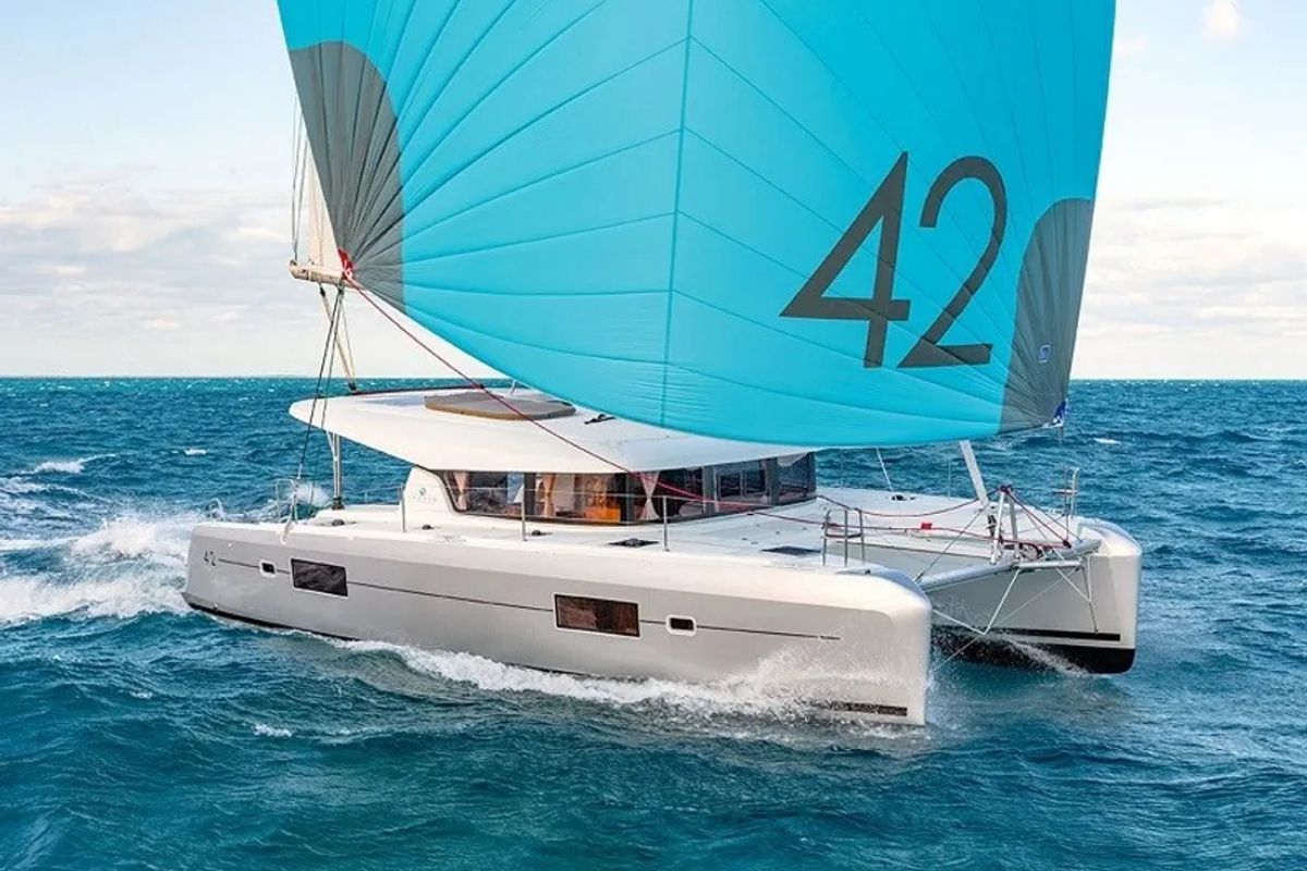 Exterior view of Olympios Zeus, a Lagoon 42 catamaran at Agios Stefanos, Greece