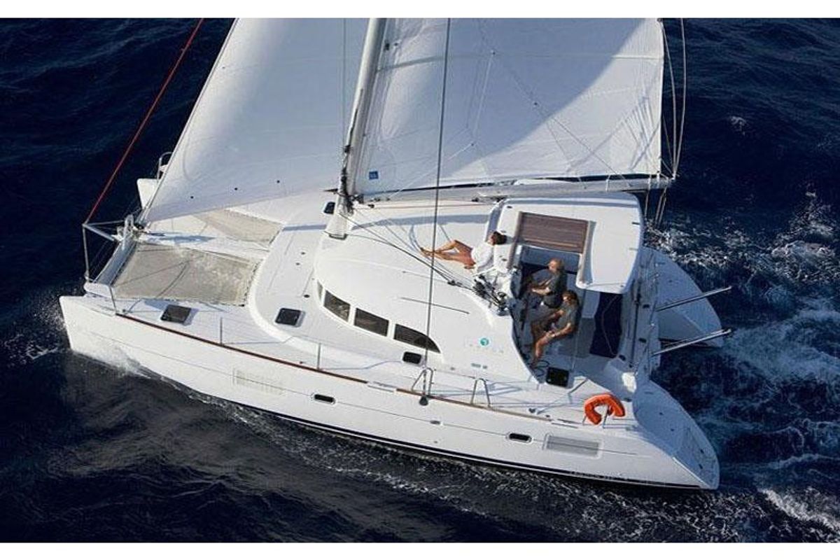 Exterior view of Giulia, a Lagoon 380 catamaran at Marsala, Italy