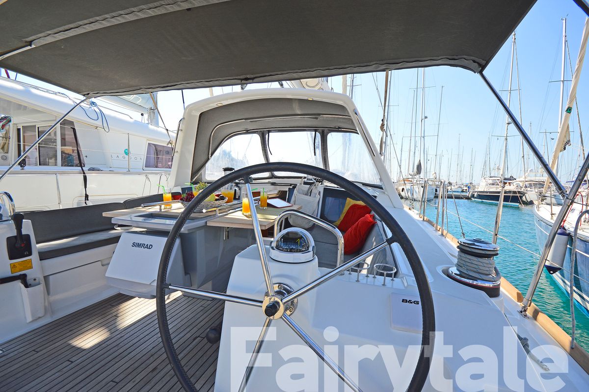 Cockpit of Fairytale, a Beneteau Oceanis 41 sailboat at Kos, Greece
