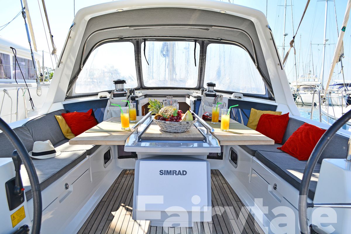 Cockpit of Fairytale, a Beneteau Oceanis 41 sailboat at Kos, Greece