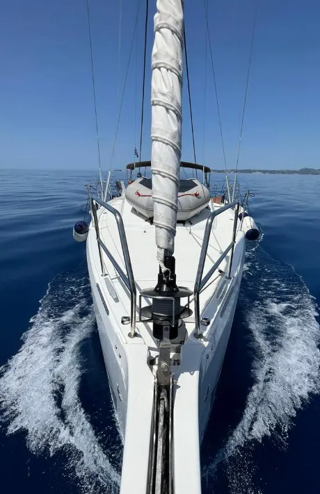 Exterior view of Chimera, a Jeanneau Sun Odyssey 410 sailboat at Municipal Unit of Lefkada, Greece