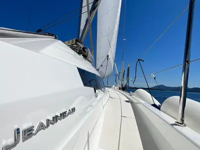 Deck of Chimera, a Jeanneau Sun Odyssey 410 sailboat at Municipal Unit of Lefkada, Greece
