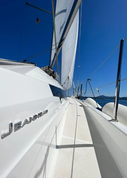 Deck of Chimera, a Jeanneau Sun Odyssey 410 sailboat at Municipal Unit of Lefkada, Greece