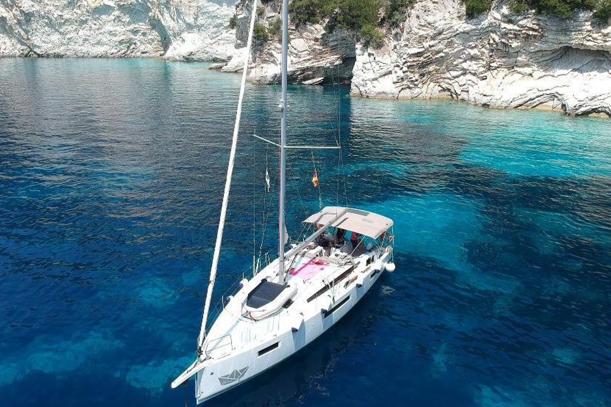 Exterior view of Chimera, a Jeanneau Sun Odyssey 410 sailboat at Municipal Unit of Lefkada, Greece