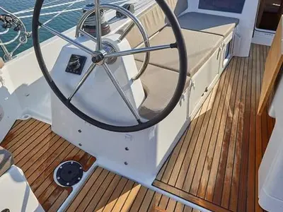 Cockpit of Chimera, a Jeanneau Sun Odyssey 410 sailboat at Municipal Unit of Lefkada, Greece