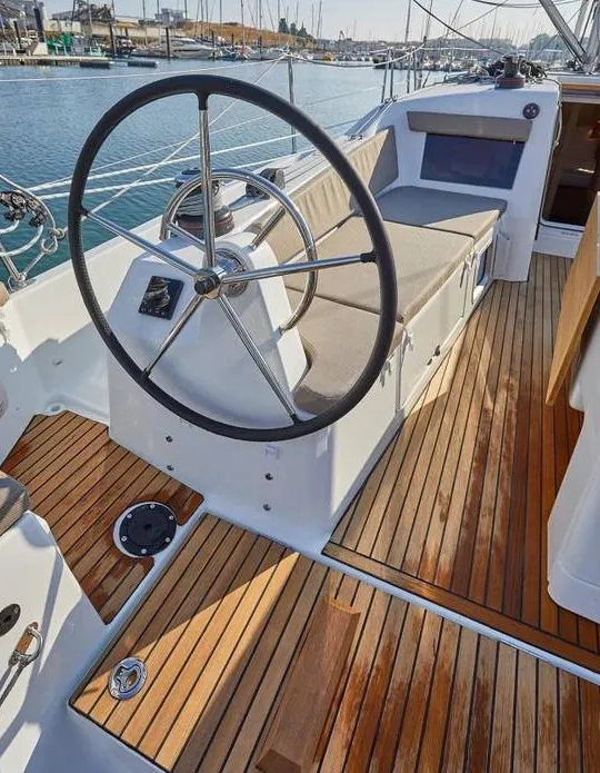 Cockpit of Chimera, a Jeanneau Sun Odyssey 410 sailboat at Municipal Unit of Lefkada, Greece