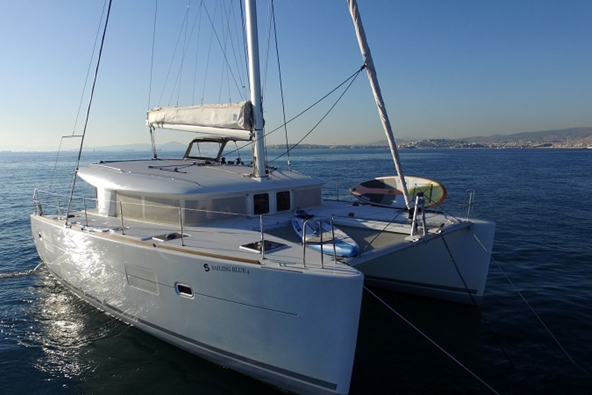 Exterior view of Sailing Blue 4, a Lagoon 400 S2 catamaran at Athens, Greece