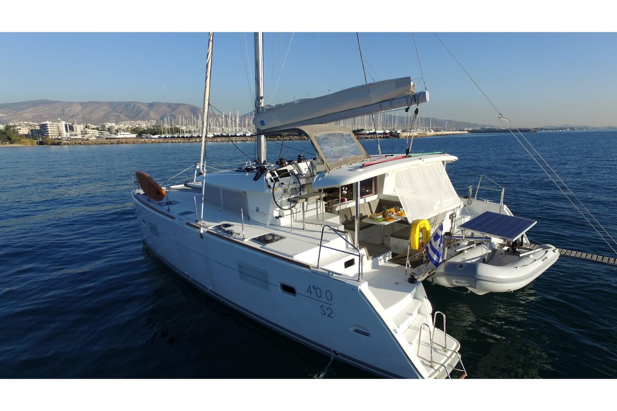 Exterior view of Sailing Blue 4, a Lagoon 400 S2 catamaran at Athens, Greece