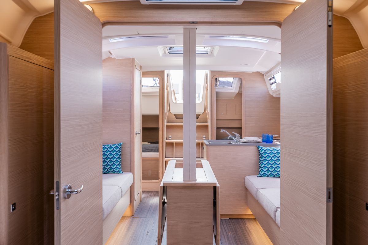 Salon of Sunsail 37.3 Premium Plus, a Dufour 37 sailboat at Municipal Unit of Lefkada, Greece