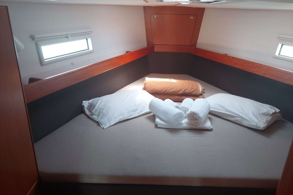 Cabin on Nafsika, a Bavaria Cruiser 41 sailboat at Kontokali, Greece