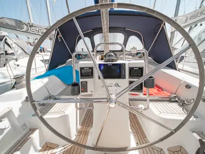 Cockpit of Aeolus, a Hanse Yachts Hanse 400 sailboat at Preveza, Greece