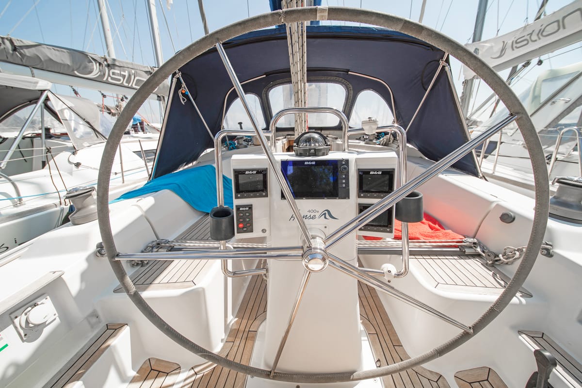 Cockpit of Aeolus, a Hanse Yachts Hanse 400 sailboat at Preveza, Greece