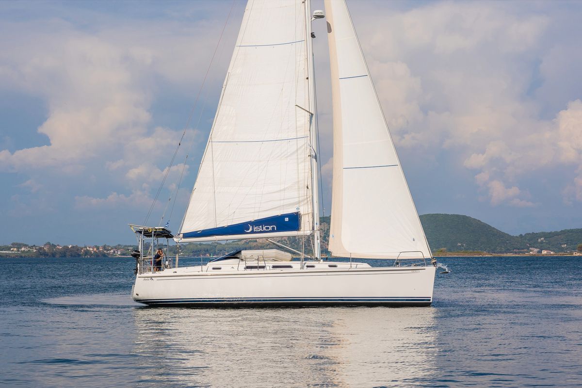 Exterior view of Aeolus, a Hanse Yachts Hanse 400 sailboat at Preveza, Greece