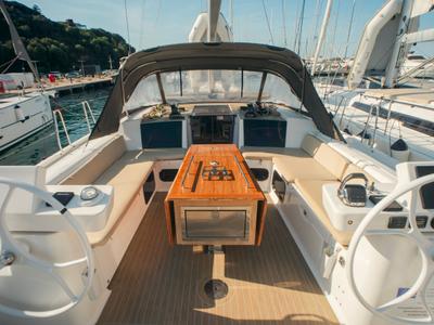 Cockpit of Ipazia, a Dufour 56 Exclusive sailboat at Olbia, Italy