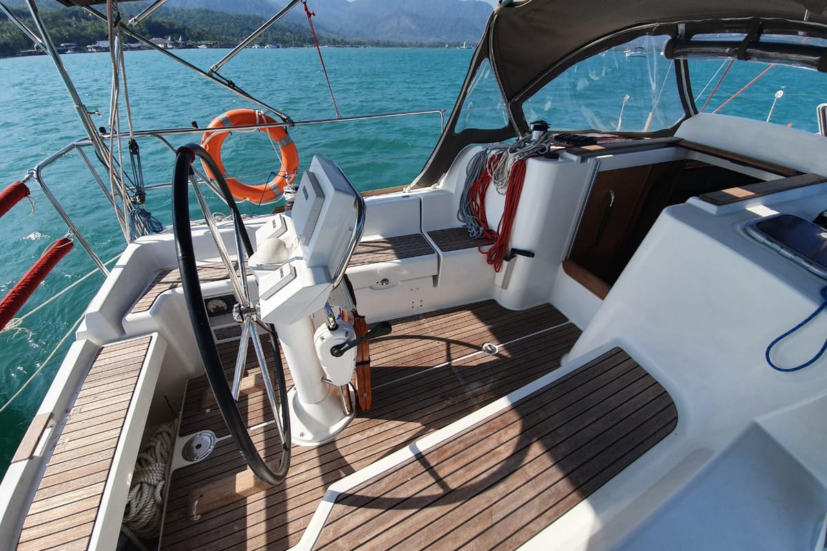 Cockpit of Aqua, a Jeanneau Sun Odyssey 33i sailboat at Baan Salak Phet, Thailand