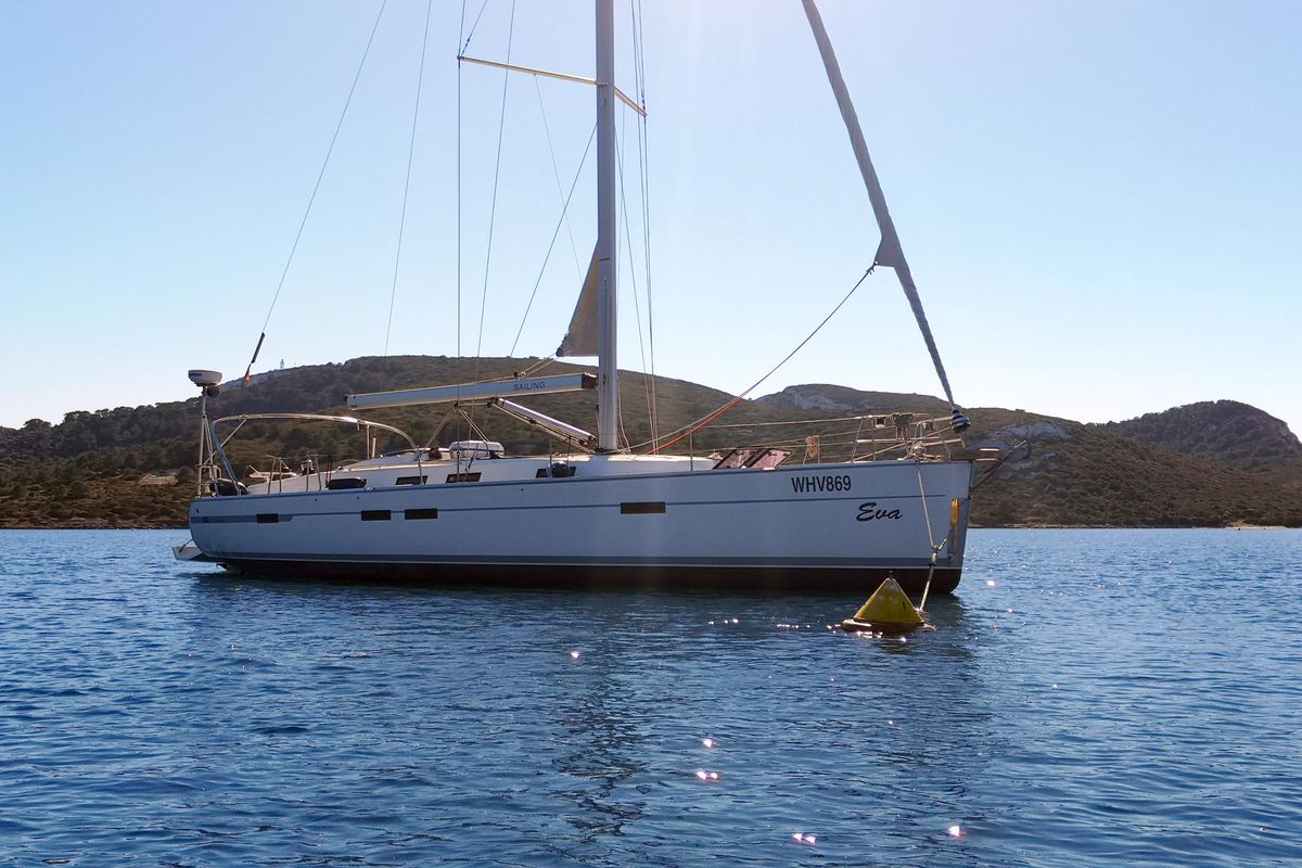 Exterior view of Eva, a Bavaria Cruiser 45 sailboat at Palma de Mallorca, Spain