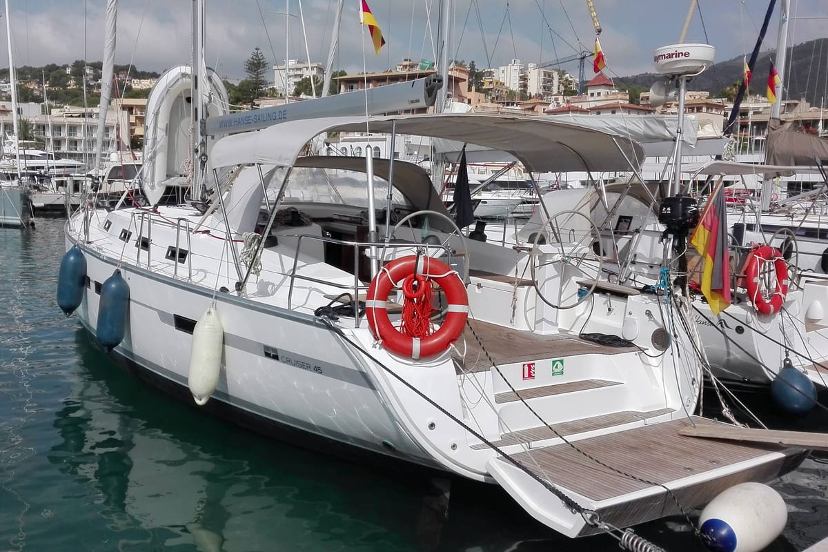 Deck of Eva, a Bavaria Cruiser 45 sailboat at Palma de Mallorca, Spain