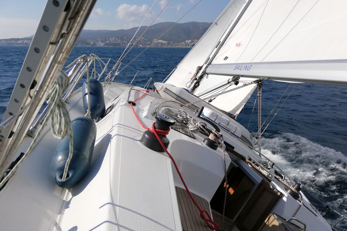 Deck of Eva, a Bavaria Cruiser 45 sailboat at Palma de Mallorca, Spain