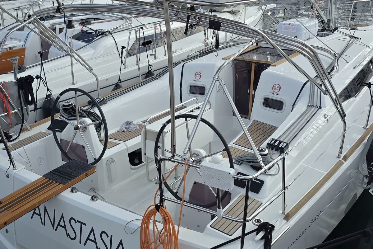 Cockpit of Anastasia, a Jeanneau Sun Odyssey 349 sailboat at Grad Biograd na Moru, Croatia