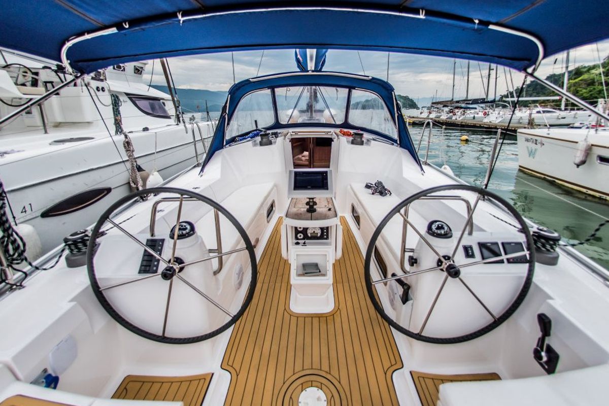 Cockpit of Pura Vida, a Delta 41 sailboat at Paraty, Brazil