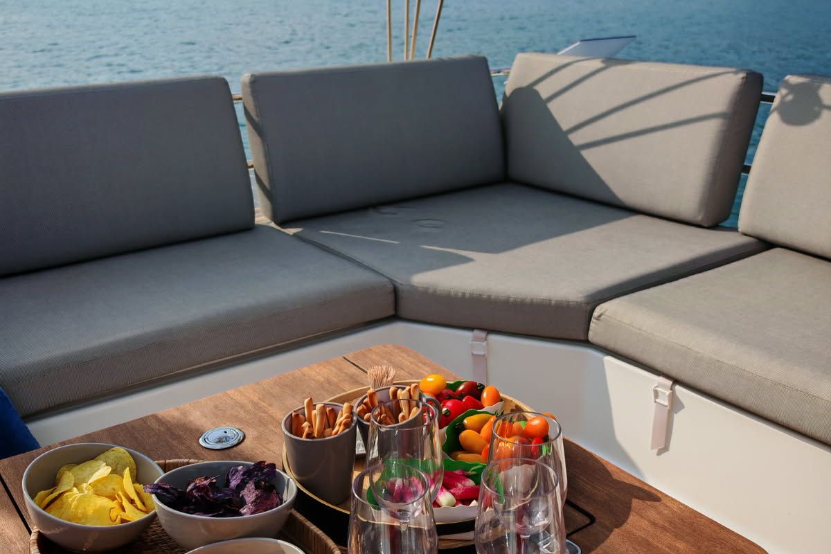 Deck of Premium, a Fountaine Pajot Elba 45 catamaran at Port de Bormes-les-Mimosas, France