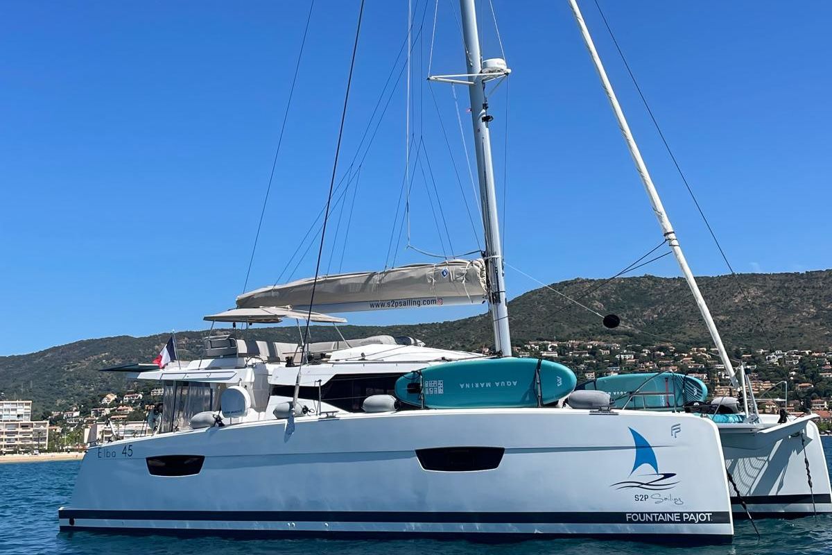 Exterior view of Premium, a Fountaine Pajot Elba 45 catamaran at Port de Bormes-les-Mimosas, France