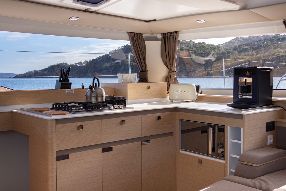 Galley of Premium, a Fountaine Pajot Elba 45 catamaran at Port de Bormes-les-Mimosas, France