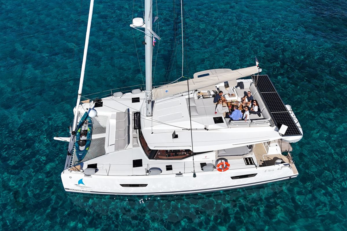Exterior view of Premium, a Fountaine Pajot Elba 45 catamaran at Port de Bormes-les-Mimosas, France