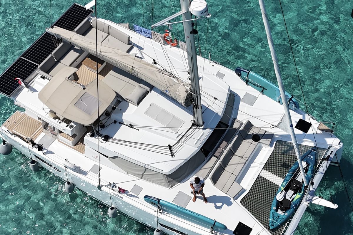 Exterior view of Premium, a Fountaine Pajot Elba 45 catamaran at Port de Bormes-les-Mimosas, France