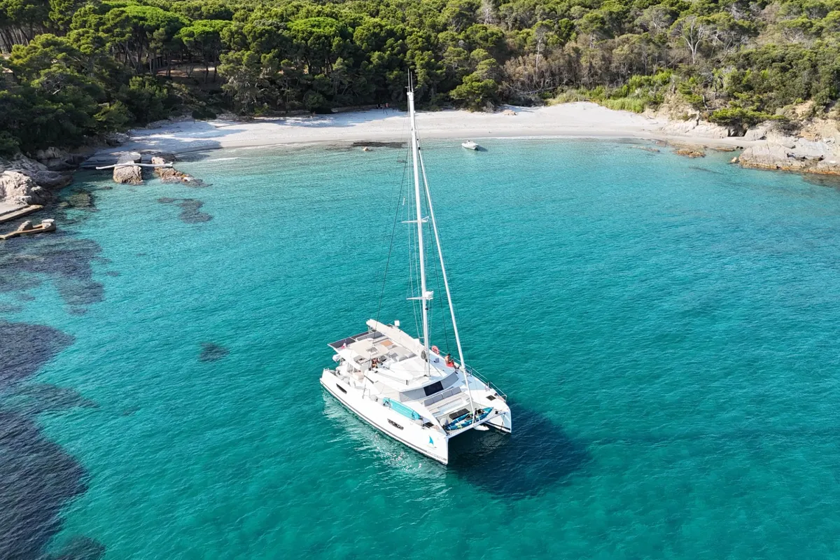 Exterior view of Premium, a Fountaine Pajot Elba 45 catamaran at Port de Bormes-les-Mimosas, France