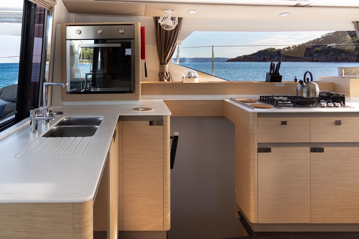 Galley of Premium, a Fountaine Pajot Elba 45 catamaran at Port de Bormes-les-Mimosas, France